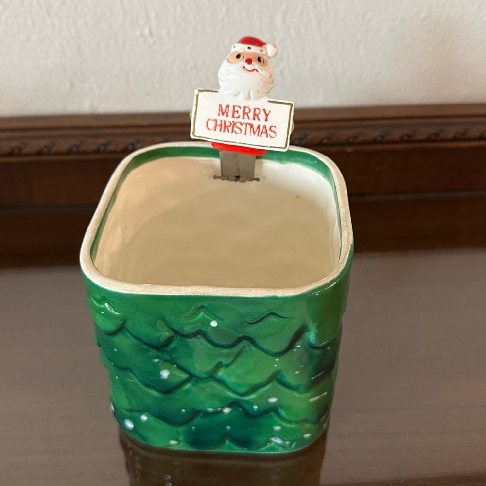 Vintage Holt Howard Christmas Candy Dish Evergreen Ceramic Jar Santa Pop Up